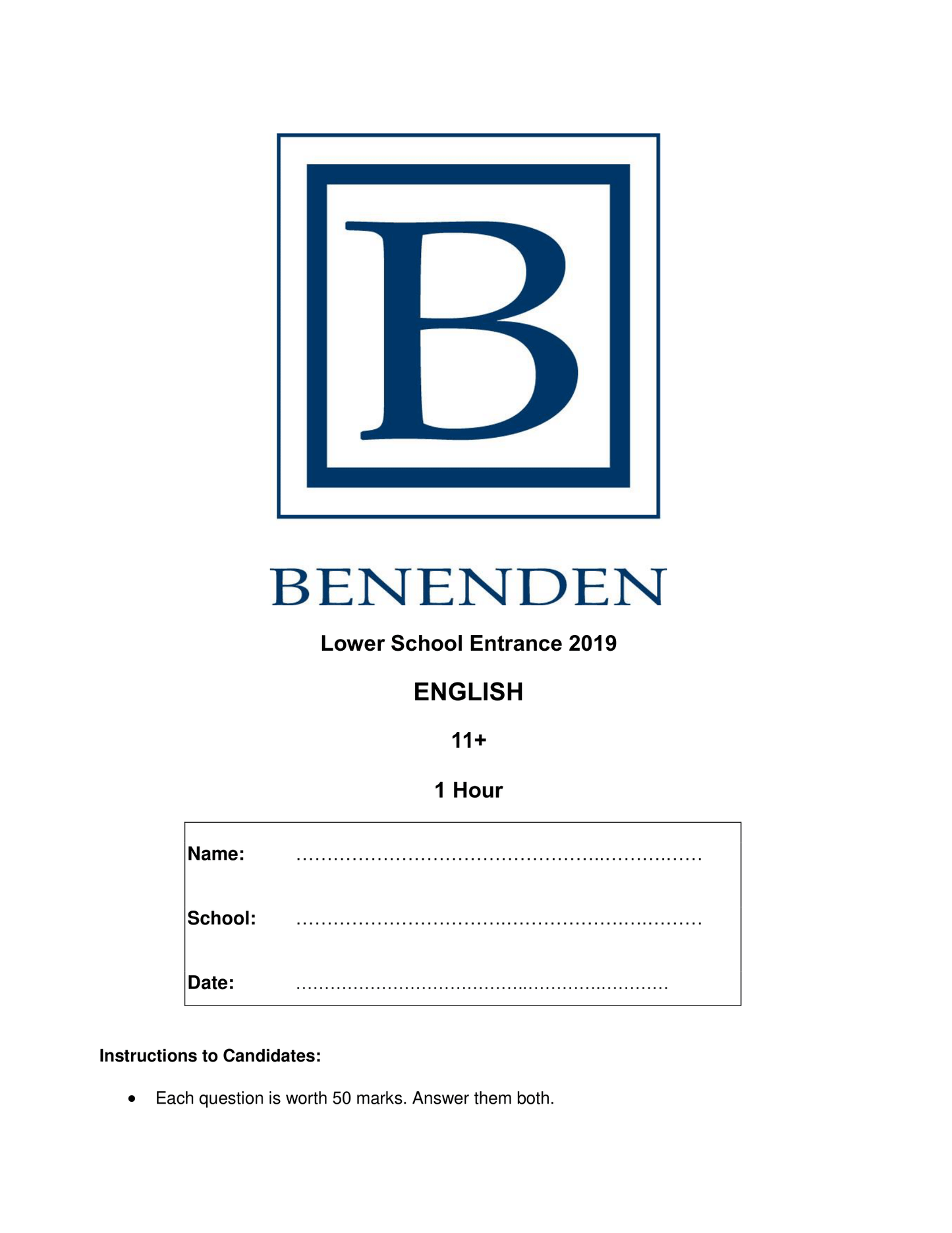 Benenden School: 11+ English (2019)