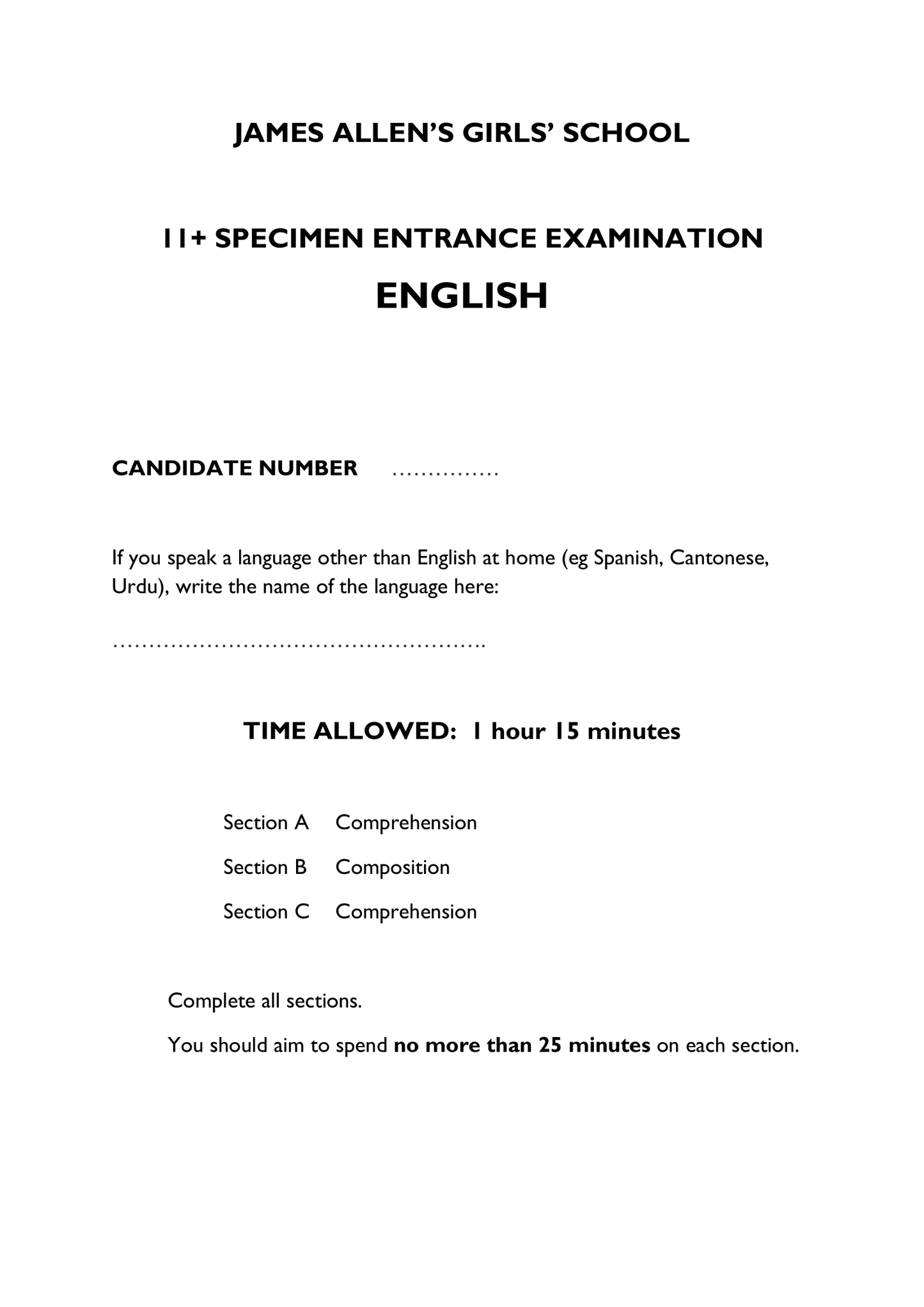 James Allen's Girls School: 11+ English