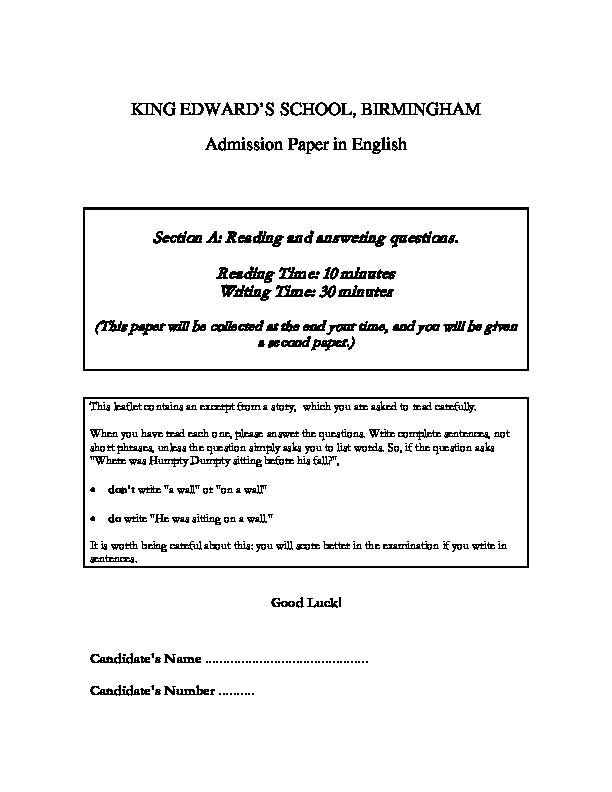 King Edward's School, Birmingham: 11+ English