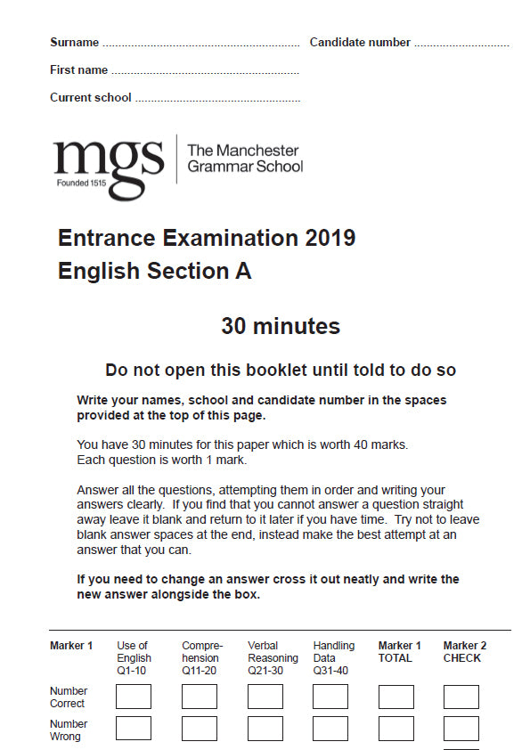 The Manchester Grammar School: 11+ English (2019)