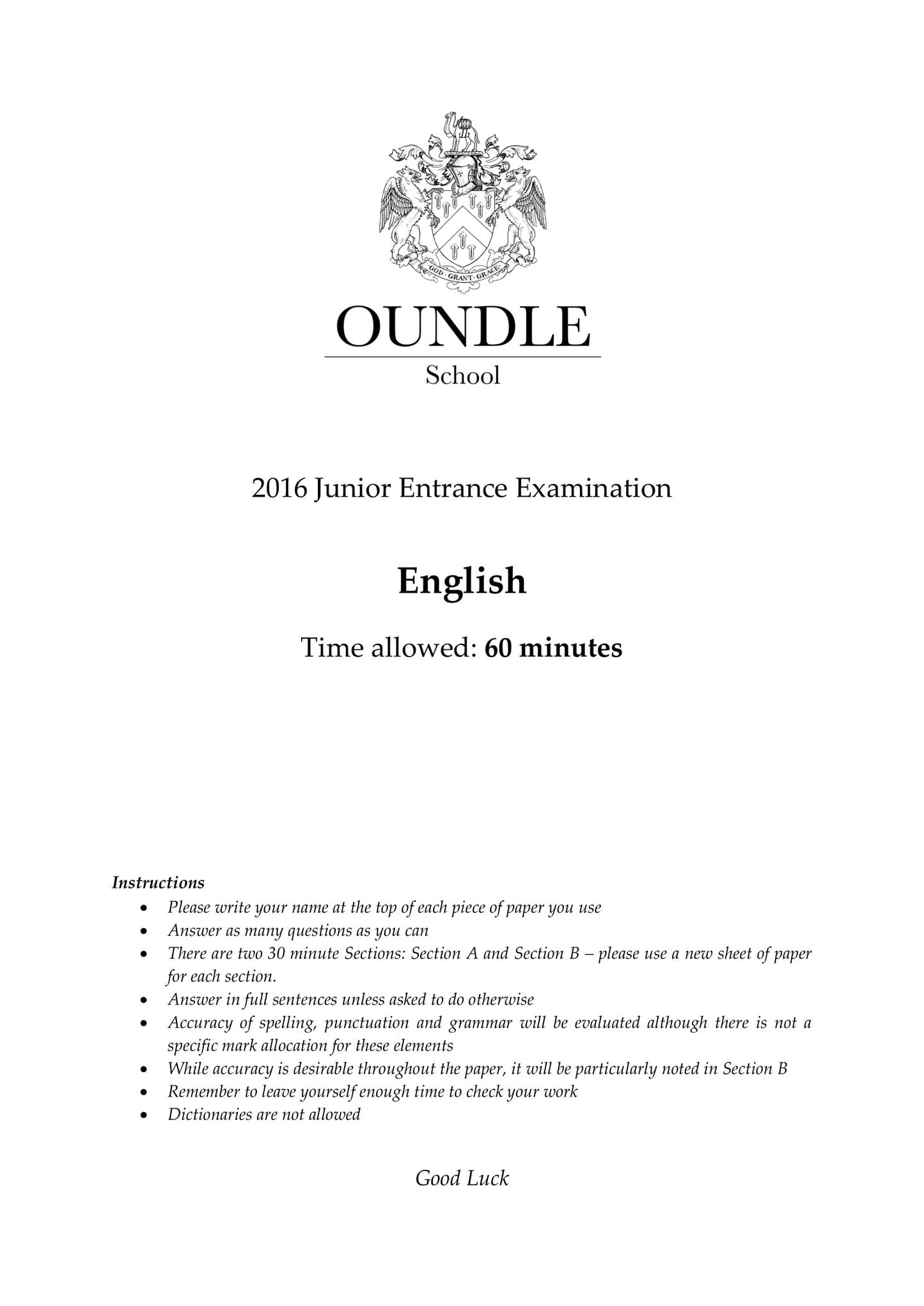 Oundle School: 11+ English (2016)