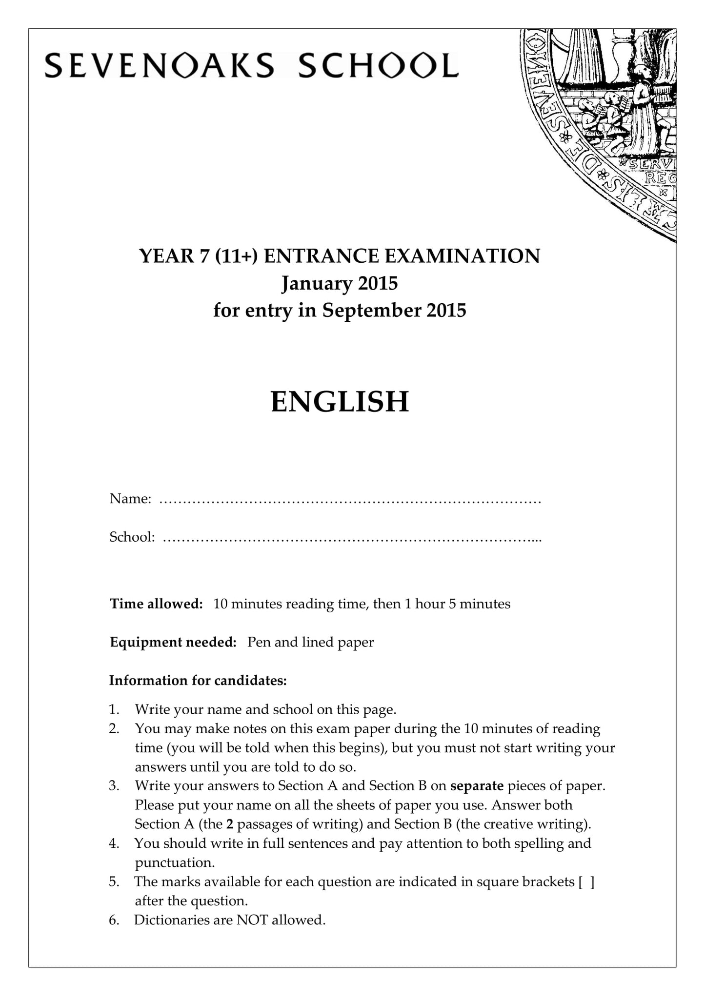 Sevenoaks School: 11+ English (2015)