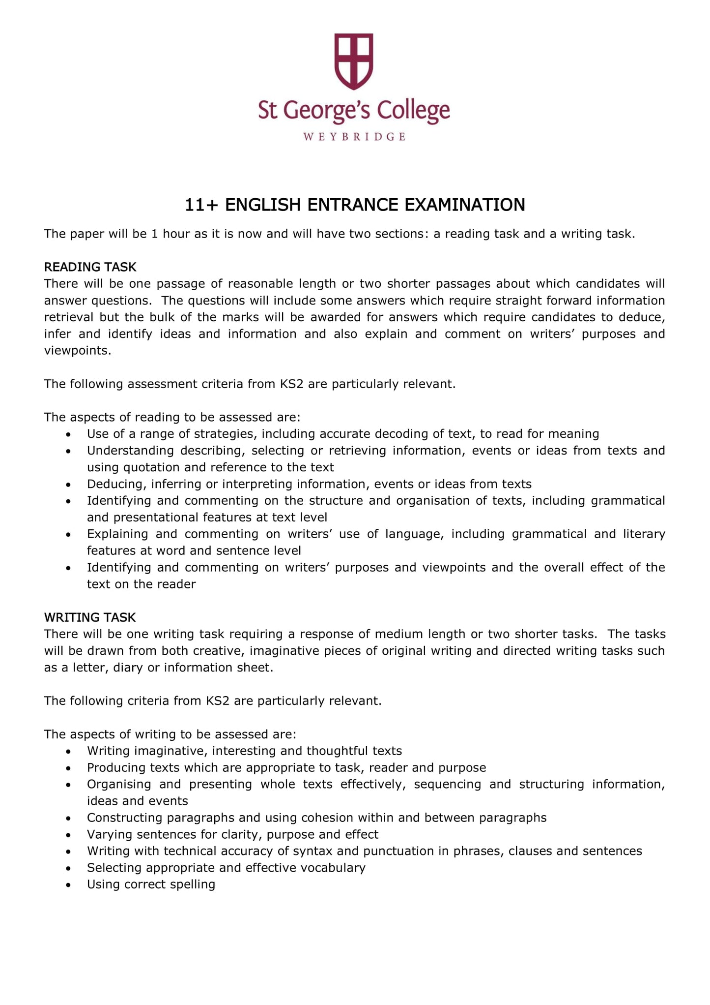 St George's College: 11+ English (2012)