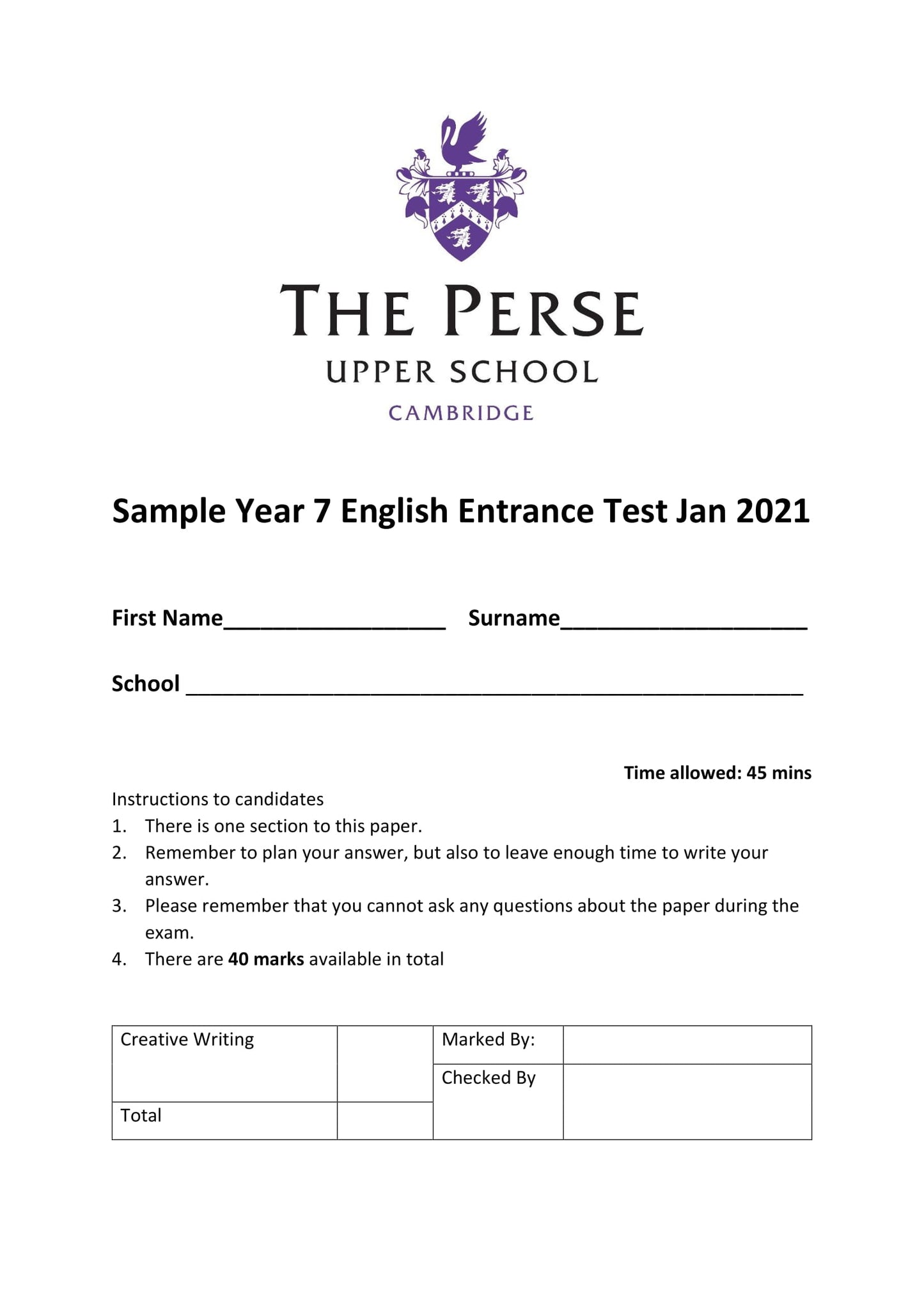 The Perse Upper School: 11+ English (2021)