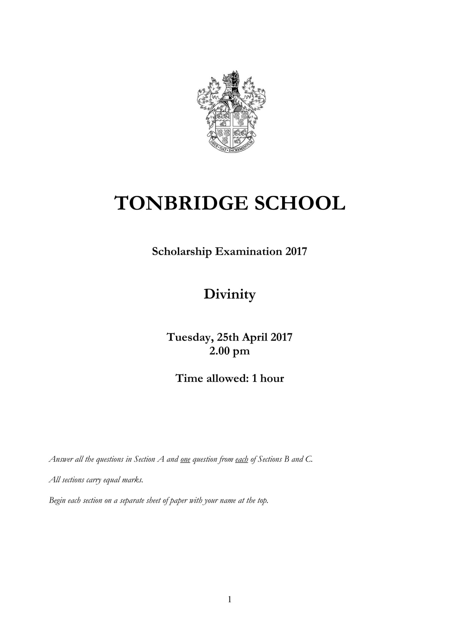 Tonbridge School: 11+ Divinity (2017)