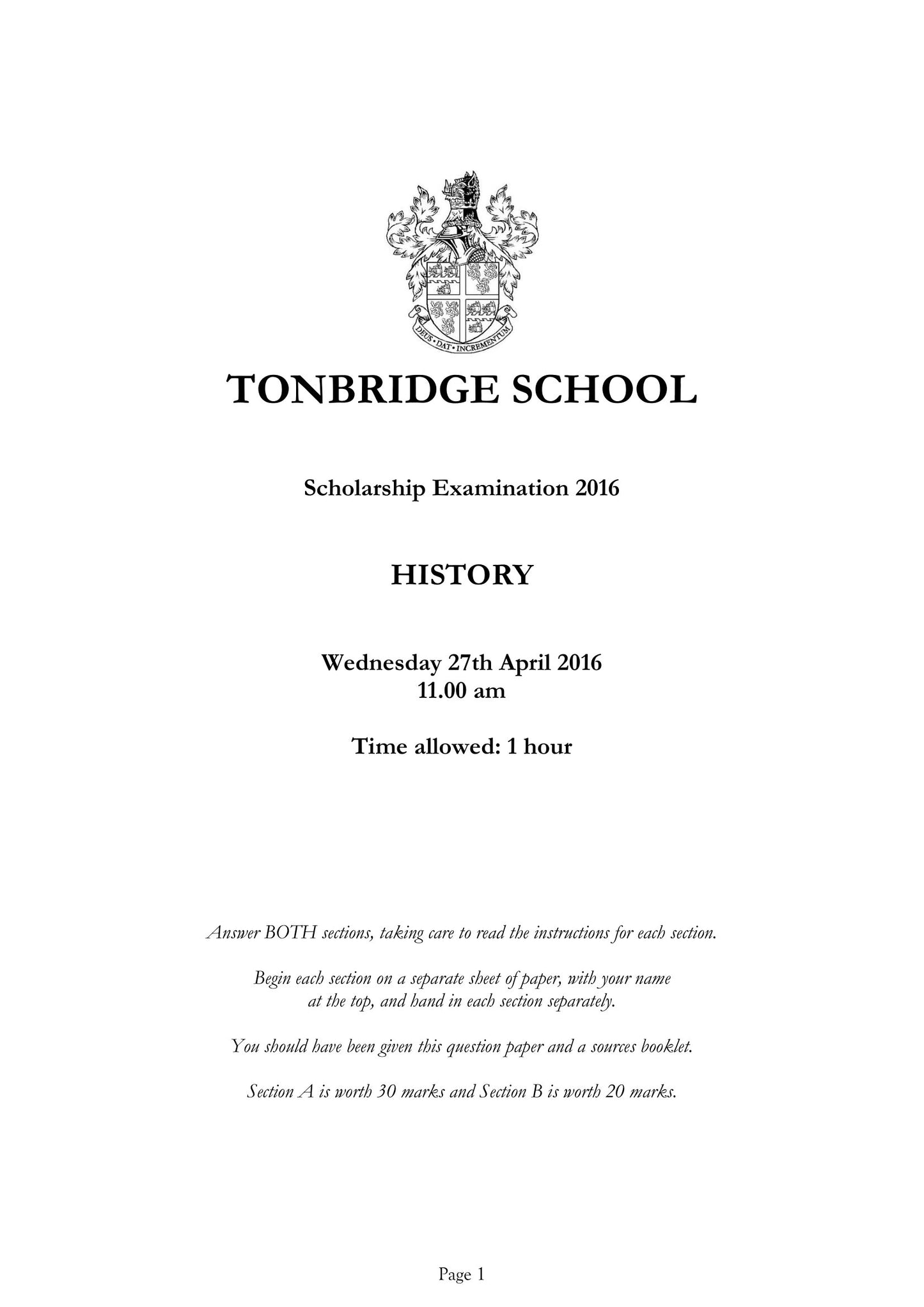 Tonbridge School: 11+ History (2016)