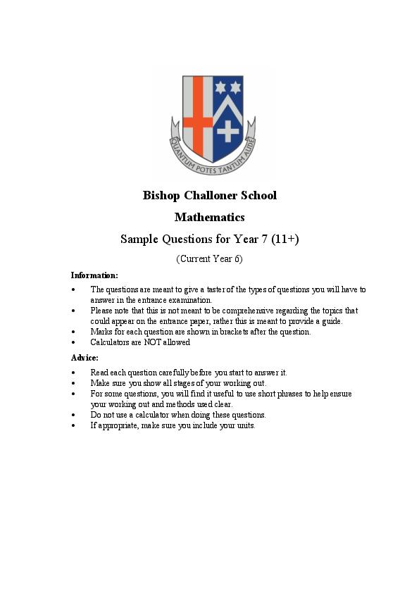 Bishop Challoner School: 11+ Maths  [357]