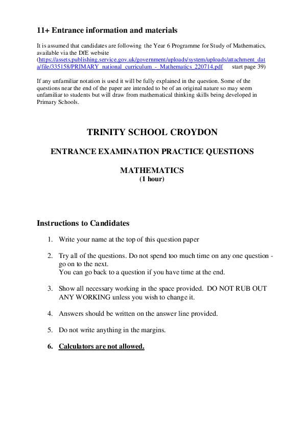 The Trinity School of John Whitgift: 11+ Maths [372]