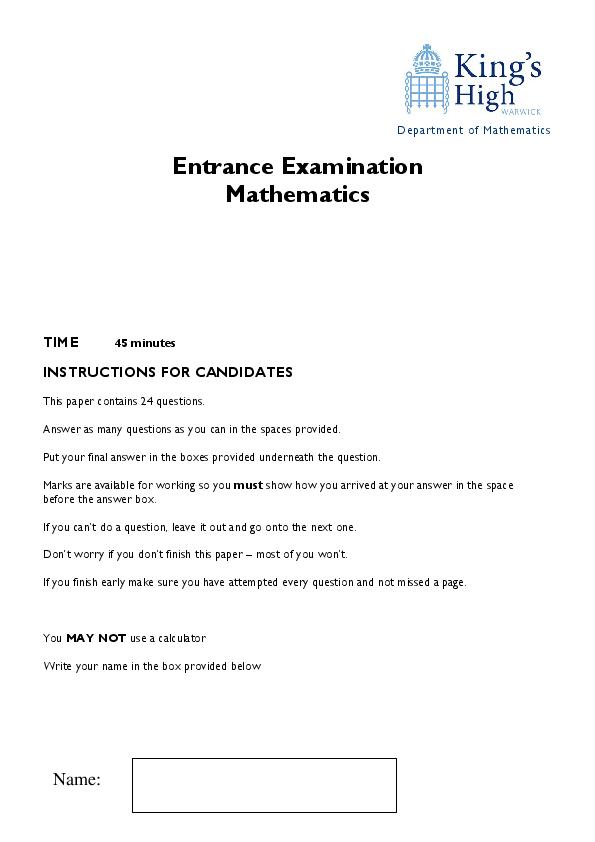Kings High Warwick: 11+ Maths  [113]