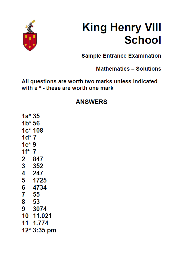 King Henry VIII School: 11+ Maths  [137] (Answer sheet)