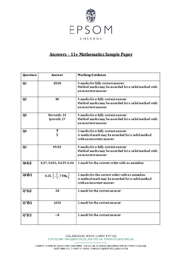 Epsom College: 11+ Maths Marking Scheme (2021) [142]