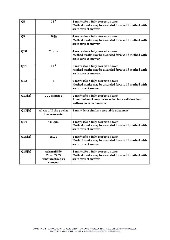 Epsom College: 11+ Maths Marking Scheme (2021) [142]