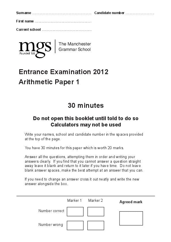 The Manchester Grammar School: 11+ Maths (2012) [187]