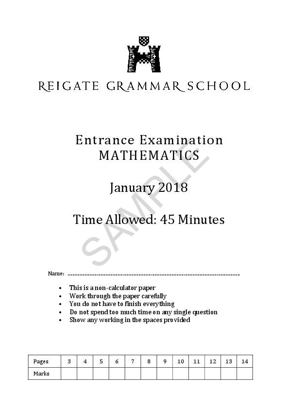 Reigate Grammar School: 11+ Maths (2018) [212]