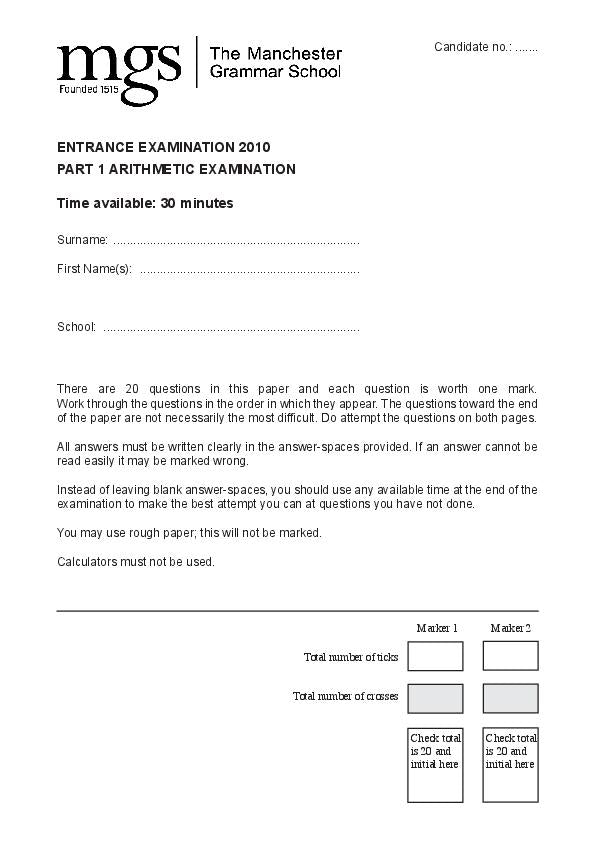 Manchester Grammar School: 11+ Maths (2010) [258]