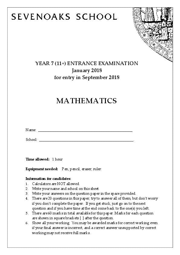 Sevenoaks: 11+ Maths Paper (2018) [289]