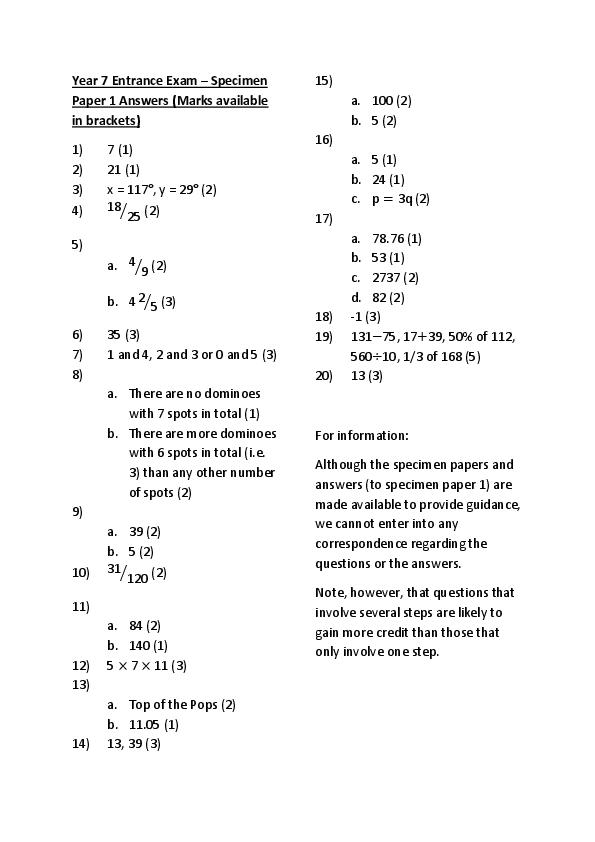 The Perse Upper School Cambridge: 11+ Maths Answer Sheet [294]