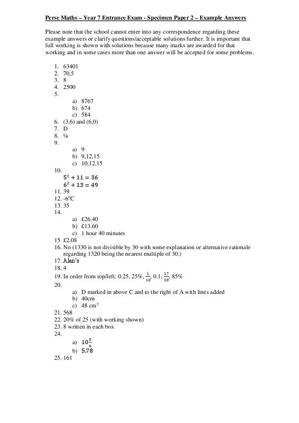 The Perse Upper School Cambridge: 11+ Maths Answer Sheet [295]