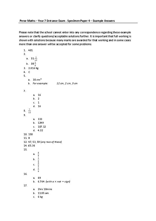 The Perse Upper School Cambridge: 11+ Math Answer Sheet [297]