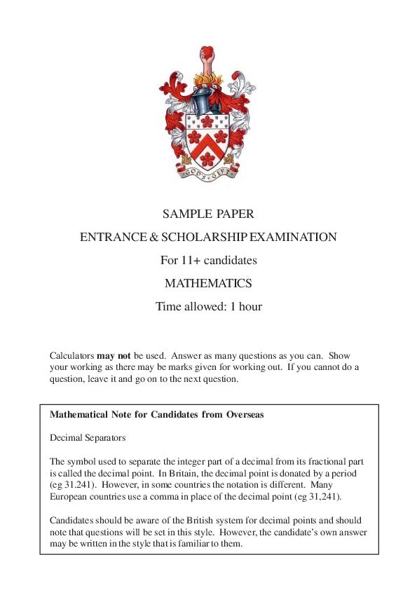 Alleyn's School: 11+ Maths  [Version: 1] [3]