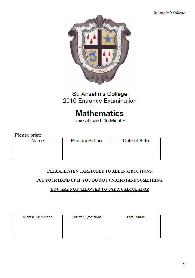 St Anselm's College: 11+ Maths (2010) [304]