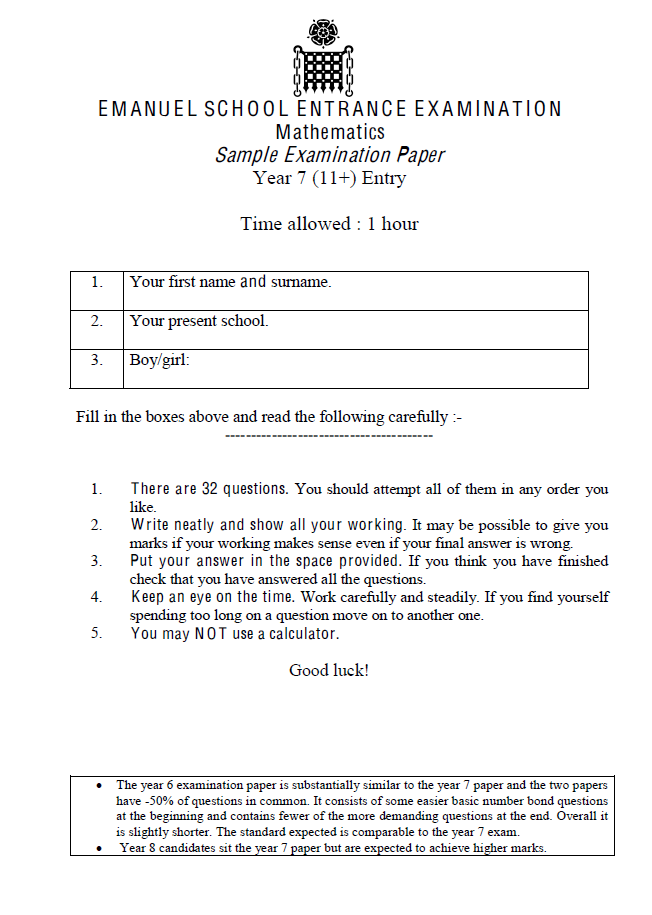 Emanuel School: 11+ Maths  [Version: 2]  [60]