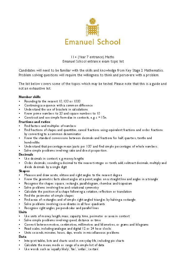 Emanuel School: 11+ Maths Topic List  [62]