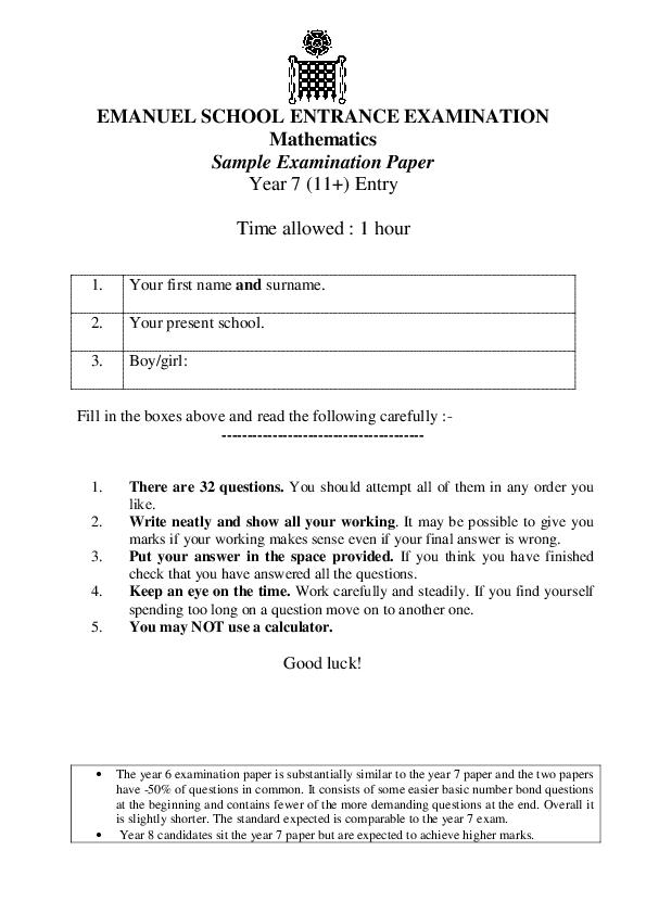 Emanuel School: 11+ Maths  [Version: 4]  [63]