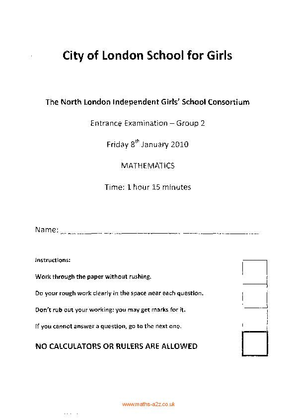 City of London School for Girls: 11+ Maths (2010) [74]