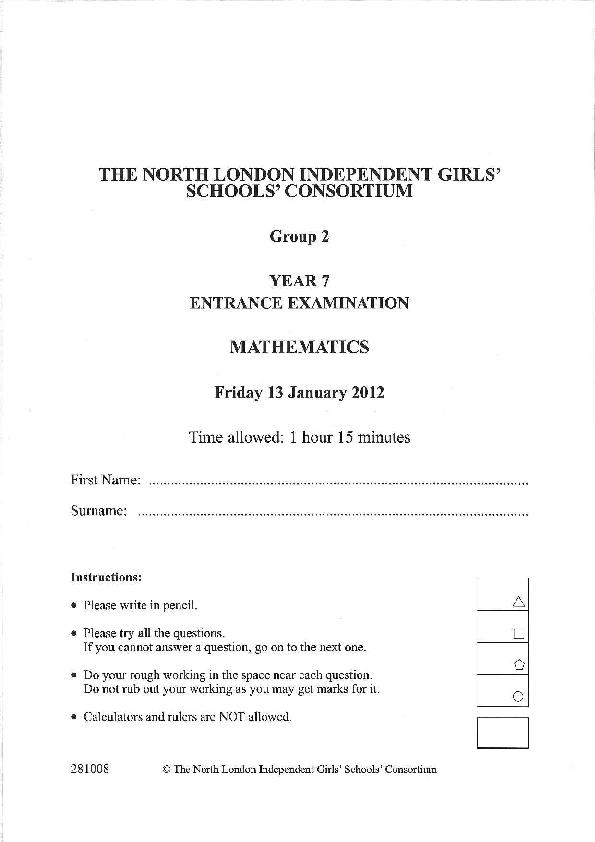 South Hampstead High School: 11+ Maths (2012) [96]