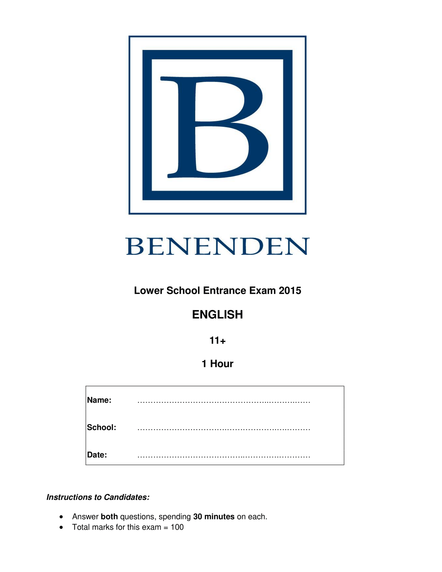 Benenden School: 11+ English (2015)