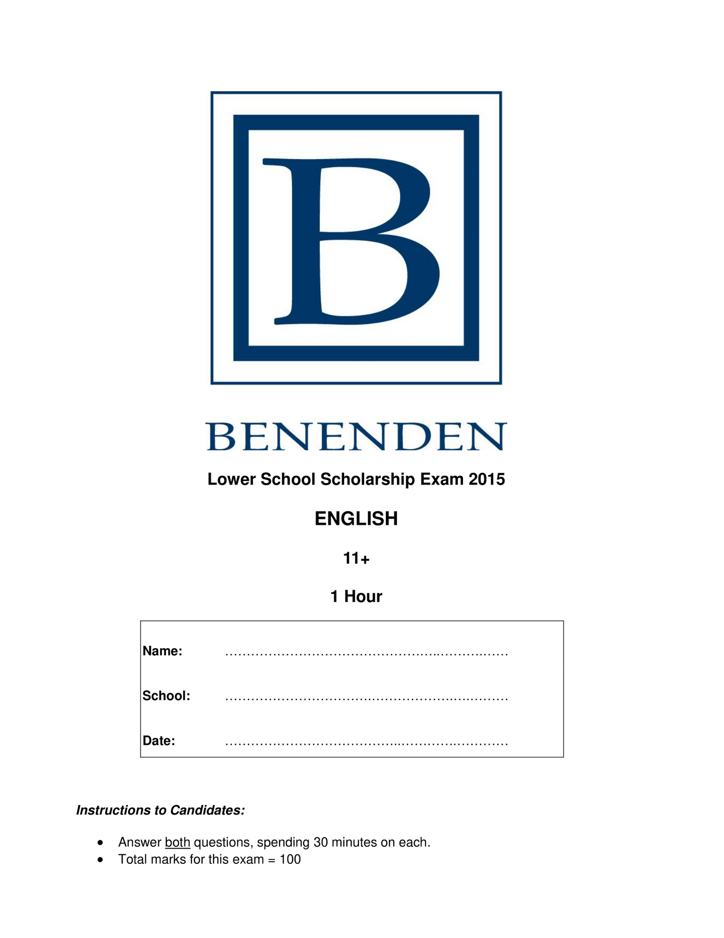 Benenden School: 11+ English (2015)