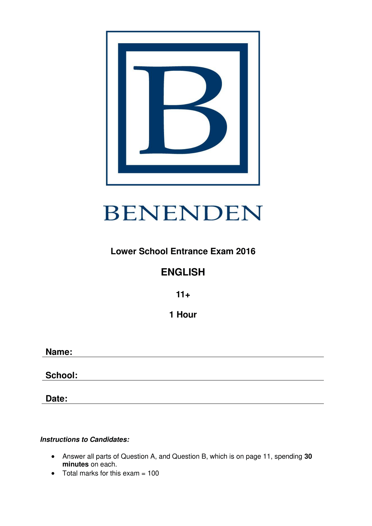 Benenden School: 11+ English (2016)