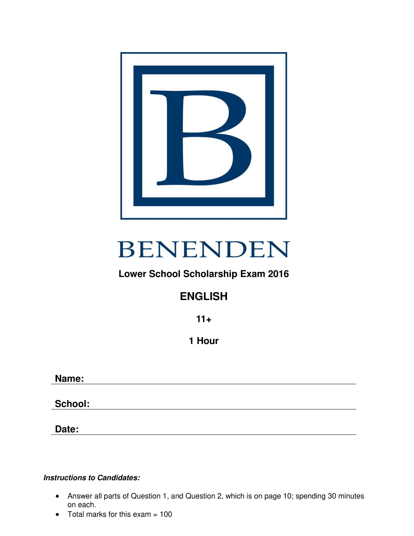 Benenden School: 11+ English (2016)