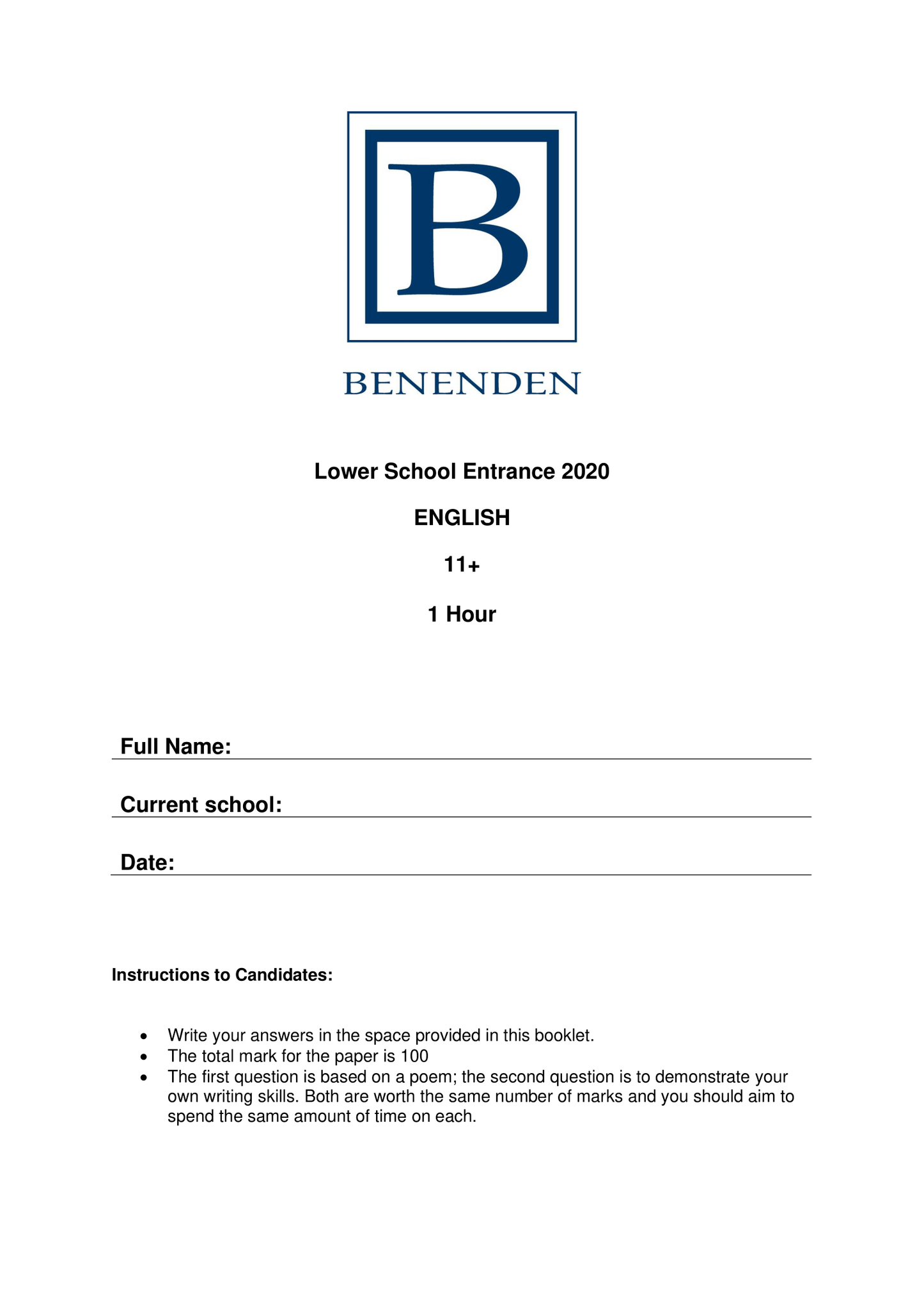 Benenden School: 11+ English (2020)