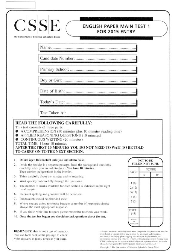 Southend High School for Boys: 11+ English (2015)