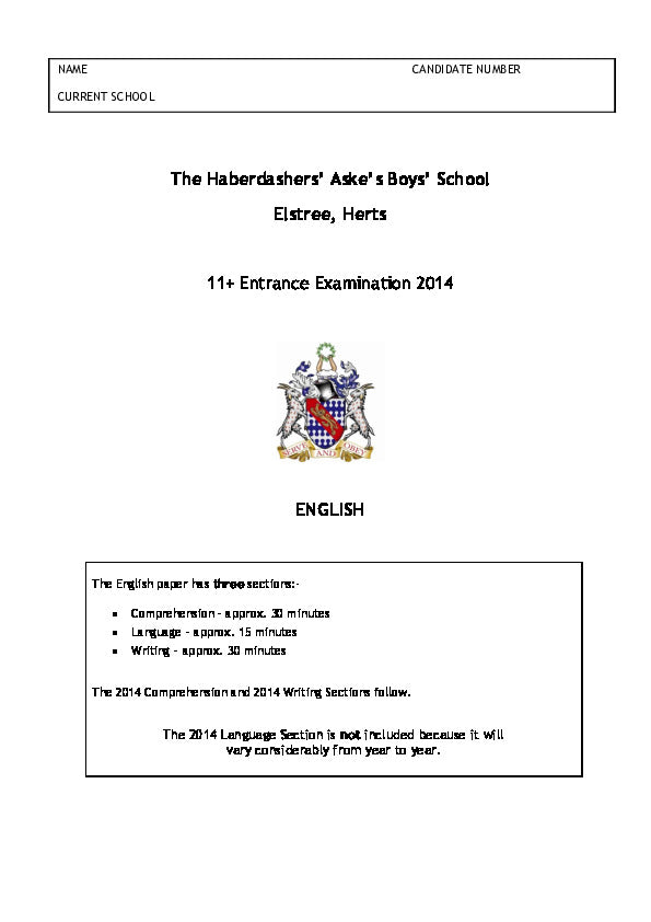 Haberdashers Aske Boys School: 11+ English (2014)