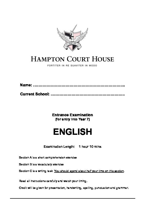 Hampton Court House School: 11+ English