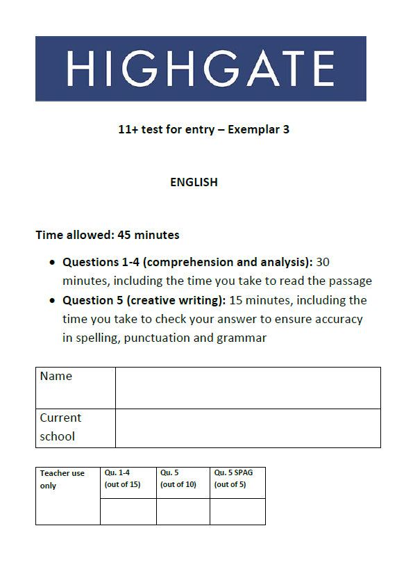 Highgate School: 11+ English  [Version: 3]