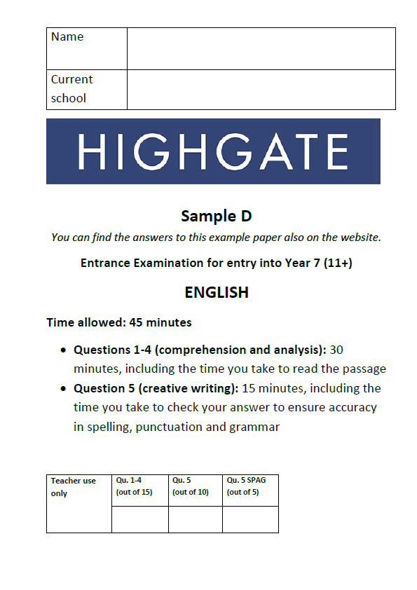 Highgate School: 11+ English  [Version: 5]