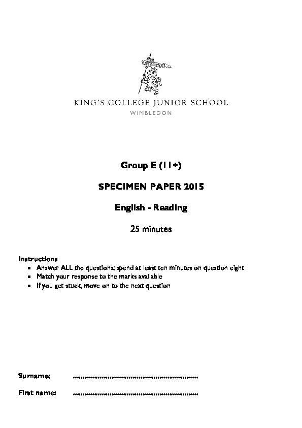 King's College School Wimbledon: 11+ English  [Version: 2015]