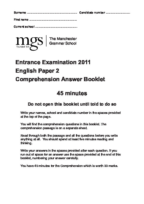 The Manchester Grammar School: 11+ English (2011) [Version: 2]