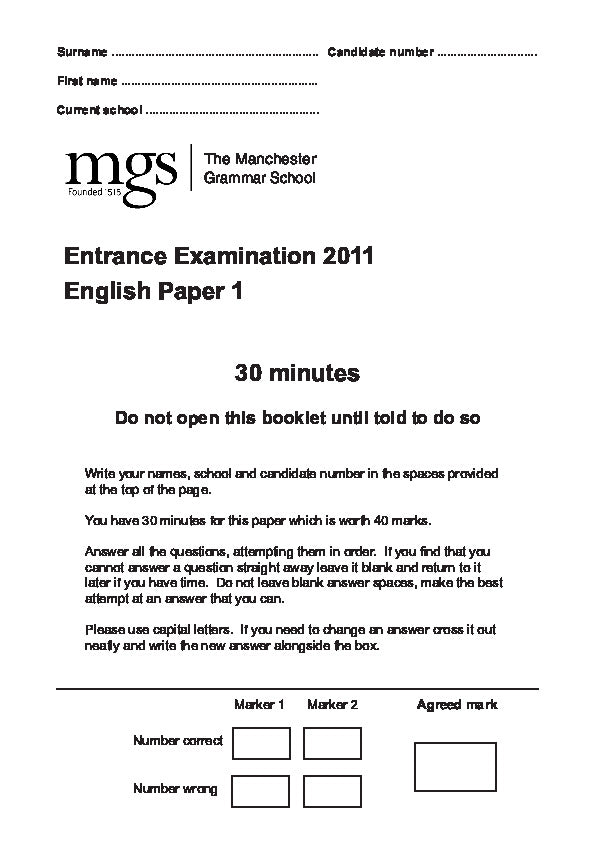 The Manchester Grammar School: 11+ English (2011)