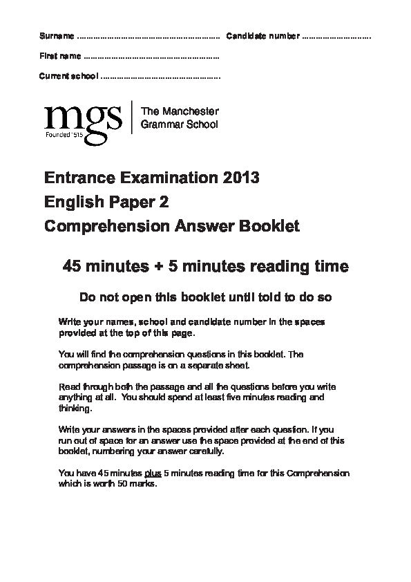 The Manchester Grammar School: 11+ English (2013) [Version: 2]