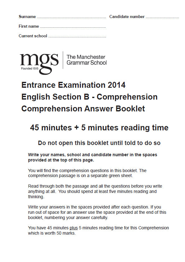 The Manchester Grammar School: 11+ English (2014) [Comprehension]