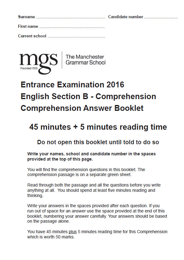 The Manchester Grammar School: 11+ English (2016) [Comprehension]