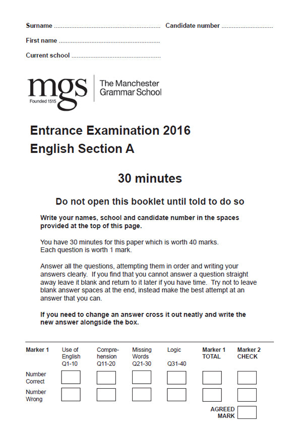 The Manchester Grammar School: 11+ English (2016)