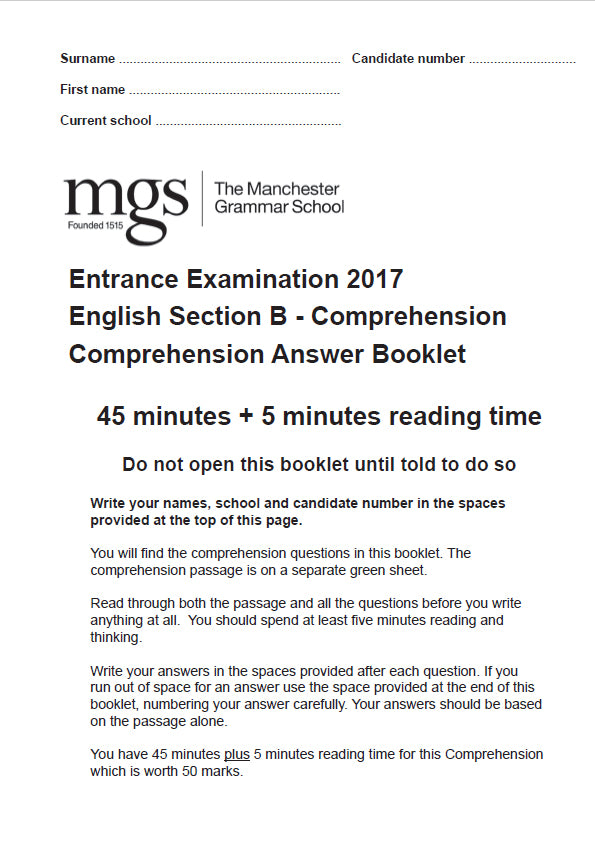 The Manchester Grammar School: 11+ English (2017) [Comprehension]