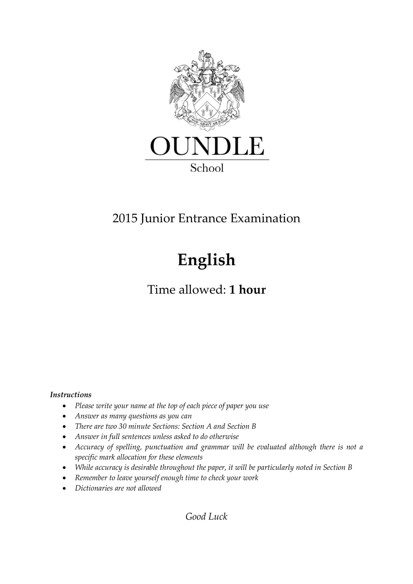 Oundle School: 11+ English (2015)