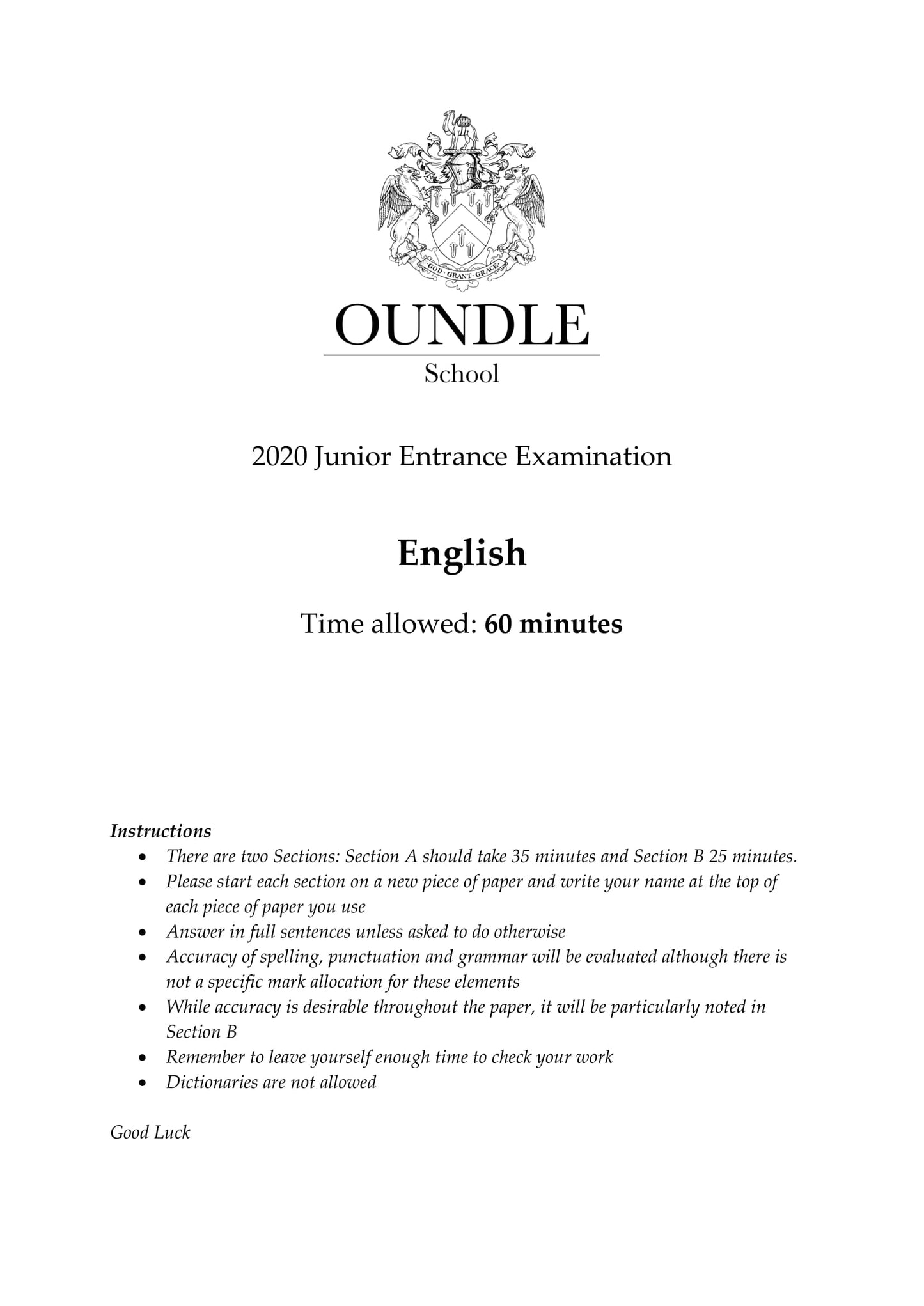 Oundle School: 11+ English (2020)
